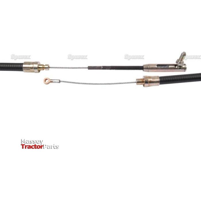 Close-up view of a hydraulic control cable with connectors and an attachment point, labeled as Sparex Hydraulic Cable - Length: 2415mm, Outer cable length: 2135mm. | Sparex Part No.S.62222. The outer cable length is carefully specified for precision.