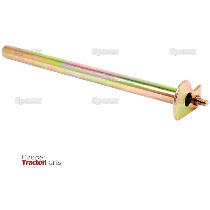 A gold-colored metal rod, identified as the Hydraulic Control Shaft | Sparex Part No.S.43530, features a flat, angled attachment on one end and visible threading on the other. Displayed against a white background, the Massey Tractor Parts logo in the bottom-left corner signifies its compatibility with Massey Ferguson hydraulic control systems.