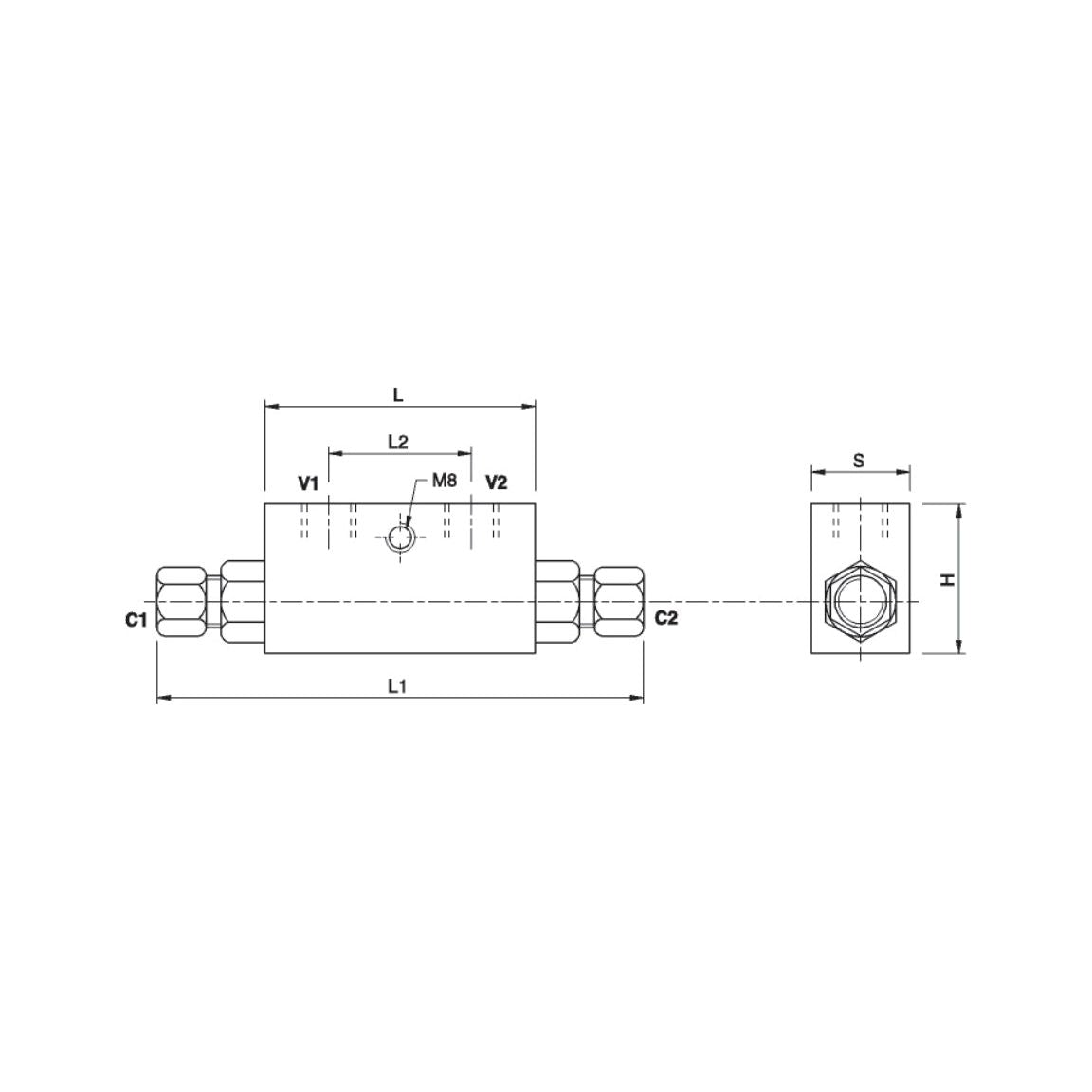 Technical drawing of the Hydraulic Double Acting Check Valve - S.12721 by Sparex, depicting front and side views with labeled dimensions, threaded holes, and integrated pilot check valves in zinc-plated steel.