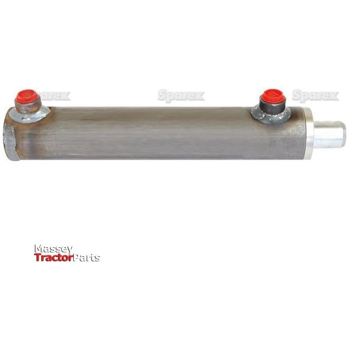 Horizontal metal hydraulic cylinder with a 40mm bore and two red-capped ports, designed for tractor machinery. The image includes the logos "Massey Tractor Parts" and "Sparex". Ideal as a double-acting cylinder for various hydraulic applications.
Product Name: Hydraulic Double Acting Cylinder Without Ends, 25 x 40 x 200mm | Sparex Part No. S.59202 
Brand Name: Sparex