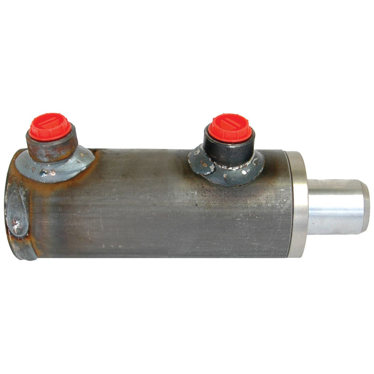 The Sparex Hydraulic Double Acting Cylinder Without Ends (Part No. S.59215) features a 30mm bore, 50mm diameter, and a 100mm stroke. It comes with two red caps on top and a silver rod protruding from one end.