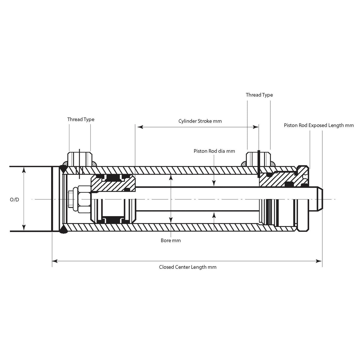 Technical diagram of the Sparex Hydraulic Double Acting Cylinder Without Ends, 35 x 60 x 400mm (Sparex Part No.S.59234), showing various labeled dimensions and components, including a cylinder stroke of 400mm, O/D, thread type, piston rod diameter, cylinder bore of 60mm, and closed center length.