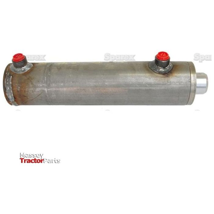 A cylindrical metal hydraulic part, identified as a Hydraulic Double Acting Cylinder Without Ends from Sparex, with two red caps on top and the text "Massey Tractor Parts" at the bottom left. Dimensions are 40 x 70 x 200mm, and it is designated as Sparex Part No.S.59243.