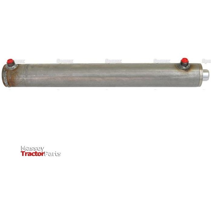 A metal hydraulic double-acting cylinder with red and silver caps, viewed from the side. The text "Massey Tractor Parts" is visible in the bottom left corner. With a cylinder bore of 70mm and a stroke of 500mm, the Sparex Hydraulic Double Acting Cylinder Without Ends (Sparex Part No.S.59249) boasts impressive performance and durability.