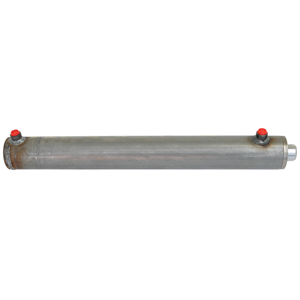 The Sparex Hydraulic Double Acting Cylinder Without Ends, 40 x 70 x 500mm | Sparex Part No.S.59249, is a robust metallic component with a cylinder bore of 70mm and a cylinder stroke of 500mm. It features two connectors on the top and one on the side, all capped in red.