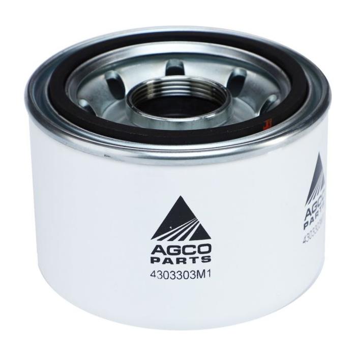 A white AGCO Massey Ferguson hydraulic filter, model number 4303303M1, featuring a black and silver metal top and threaded center opening.