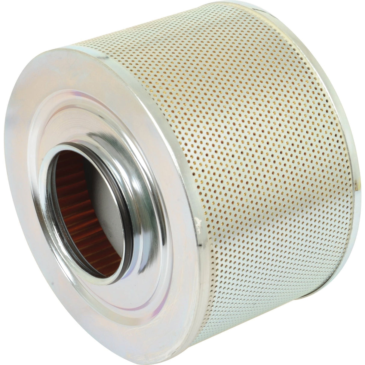 A cylindrical metal air filter with perforated sides and an open center, similar in design to the Sparex Hydraulic Filter - Element - HF35376 (Sparex Part No.S.34593) for Ford / New Holland machinery.
