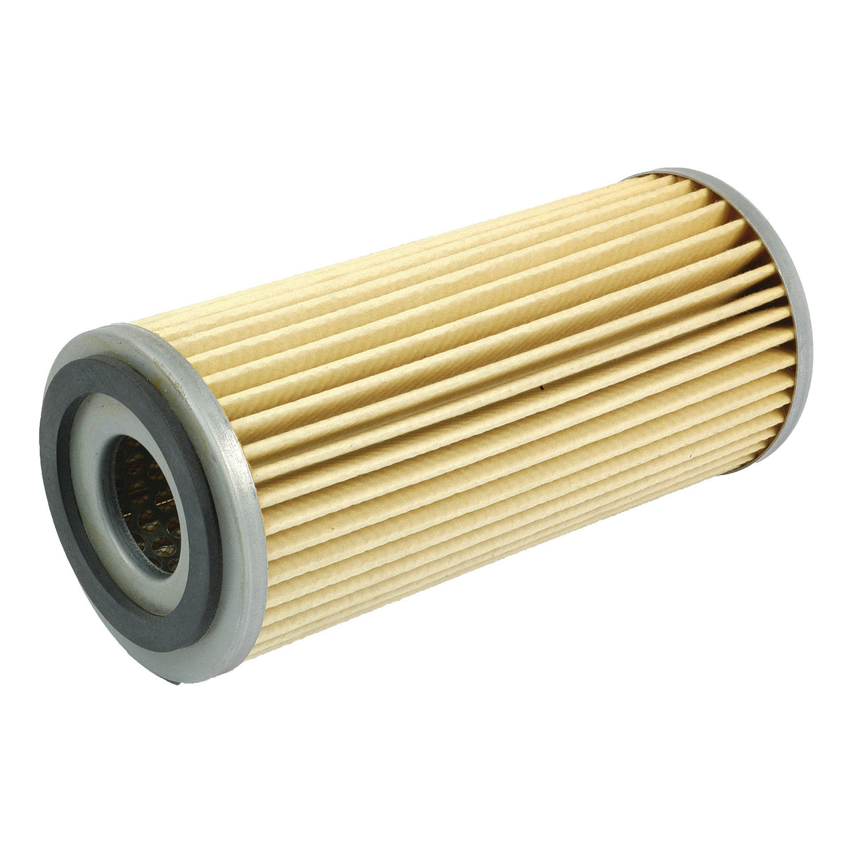 A cylindrical pleated hydraulic filter with gray metal rims on both ends, compatible with New Holland parts and commonly used for filtration in machinery or vehicles, is available as the Hydraulic Filter - Element (Sparex Part No. S.62229) from Sparex.