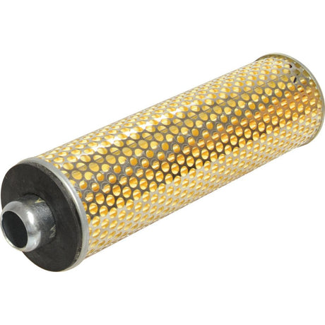 The Hydraulic Filter - Element (Sparex Part No.S.76358) from Sparex features a cylindrical design with a perforated, gold-colored metal casing and a black rubber end cap, making it ideal for use in Fiat tractors.