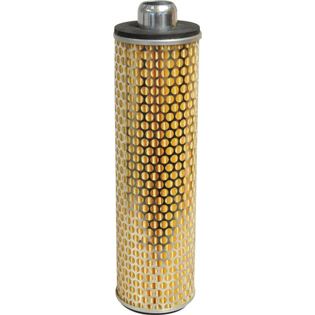 A Hydraulic Filter - Element with the part number S.76358 from Sparex features a honeycomb-patterned mesh exterior and metallic ends, designed for Fiat tractor engines, stands upright.
