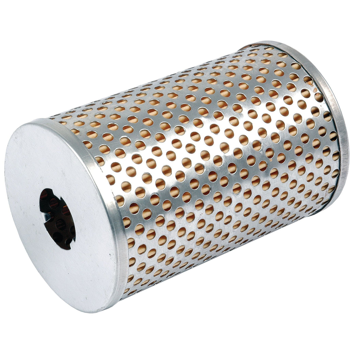 Introducing the Sparex Hydraulic Filter - Element (Part No. S.76548): a cylindrical metal filter with perforated holes, solid top and bottom, designed for optimal performance in Ford/New Holland applications.