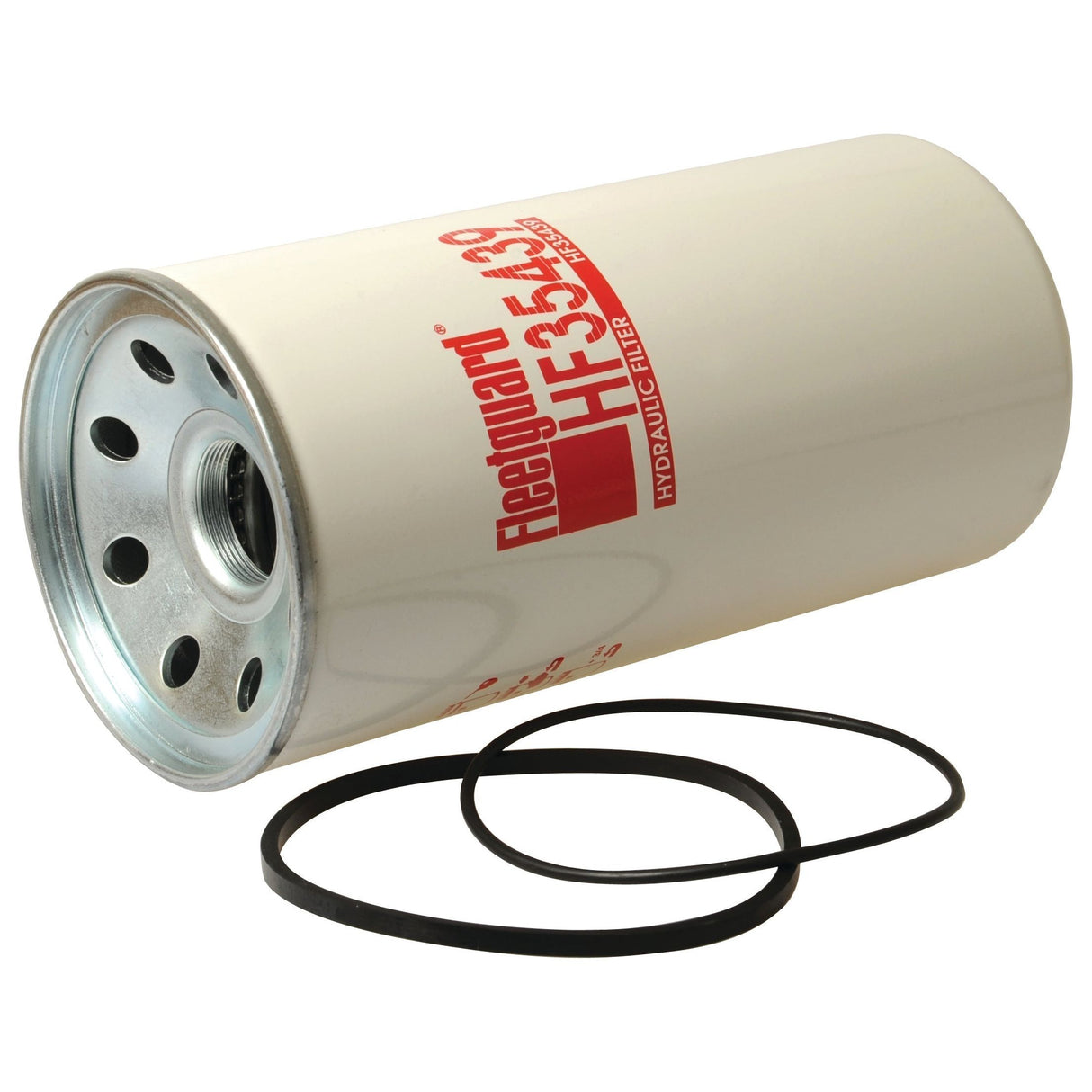 Image of a Sparex Hydraulic Filter - Spin On - HF35439 (Sparex Part No.S.76901) with two rubber O-rings placed in front of it. The cylindrical, white filter with red text and a metal top is designed for Case IH machinery.