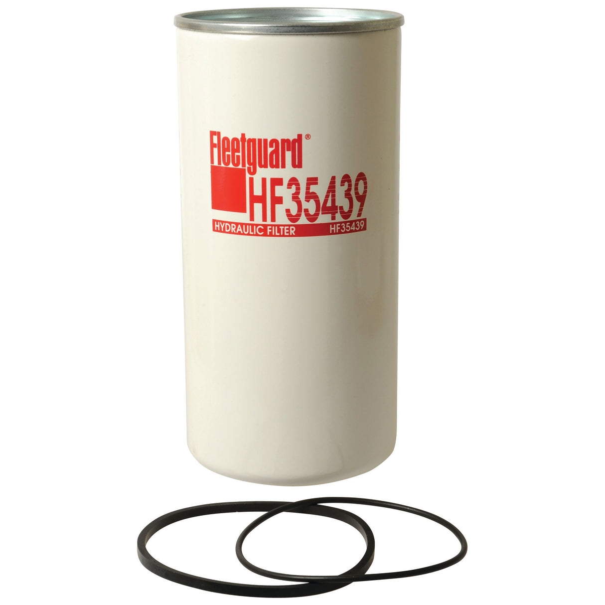 A white cylindrical Sparex hydraulic filter - Spin On - HF35439 (Sparex Part No. S.76901) is shown with two black O-rings placed below it, ideal for Case IH machinery.