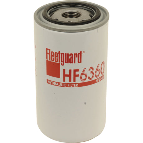Image of a Sparex Hydraulic Filter - Spin On - HF6360 (Sparex Part No.S.76696), a cylindrical component used in John Deere hydraulic systems for filtration. The filter is white with red text and logos.