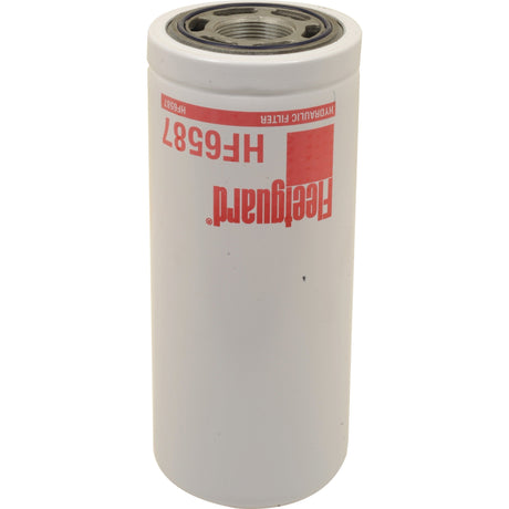 A white, cylindrical hydraulic filter with red text displaying the model number HF6587 and the brand name "Sparex." The top features a threaded metal opening for attachment. Compatible with John Deere equipment.