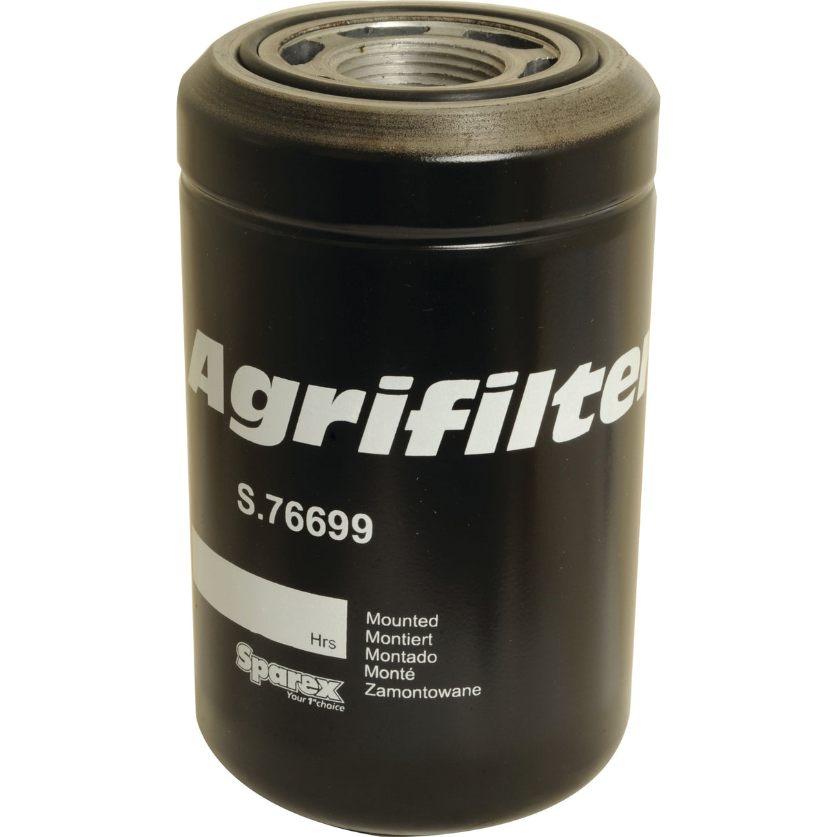A cylindrical black Sparex hydraulic filter with "S.76699" and "Mounted" text printed on it, Case IH compatible.
