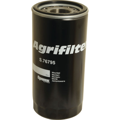 A black cylindrical hydraulic filter labeled "Hydraulic Filter - Spin On | Sparex Part No.S.76795" and "Sparex" with white text, designed for Deutz-Fahr AGROPLUS tractors, featuring a metallic top with threaded holes.