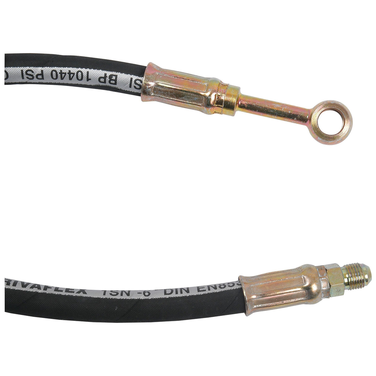 The Sparex S.41958 hydraulic hose, compatible with Massey Ferguson equipment, is black and features metal fittings on both ends—one end with a bolt eye and the other with a threaded fitting. It also includes white labeling that displays specifications.