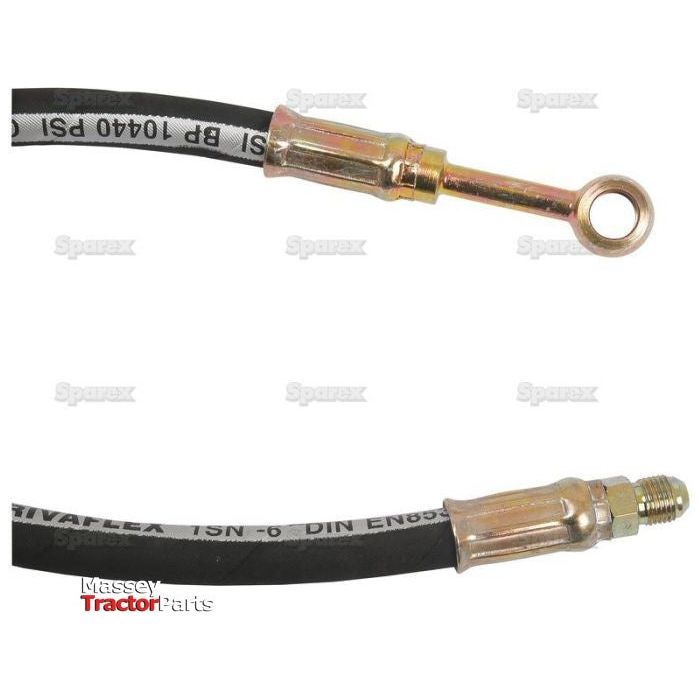 The Sparex Hydraulic Hose (Part No. S.41958) for Massey Ferguson features a metal end with an eyelet and a threaded fitting on the other end. This durable black hydraulic hose, adorned with white text, ensures both functionality and readability.
