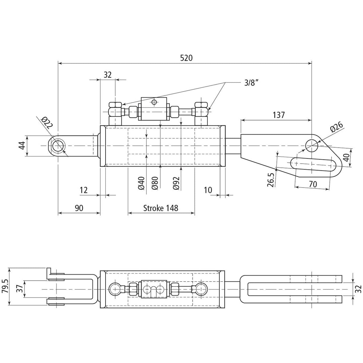 Hydraulic Levelling Box (Supplied with: Hoses), Min. Length: 520mm, Cylinder Bore: 80mm.
 - S.113924 - Farming Parts