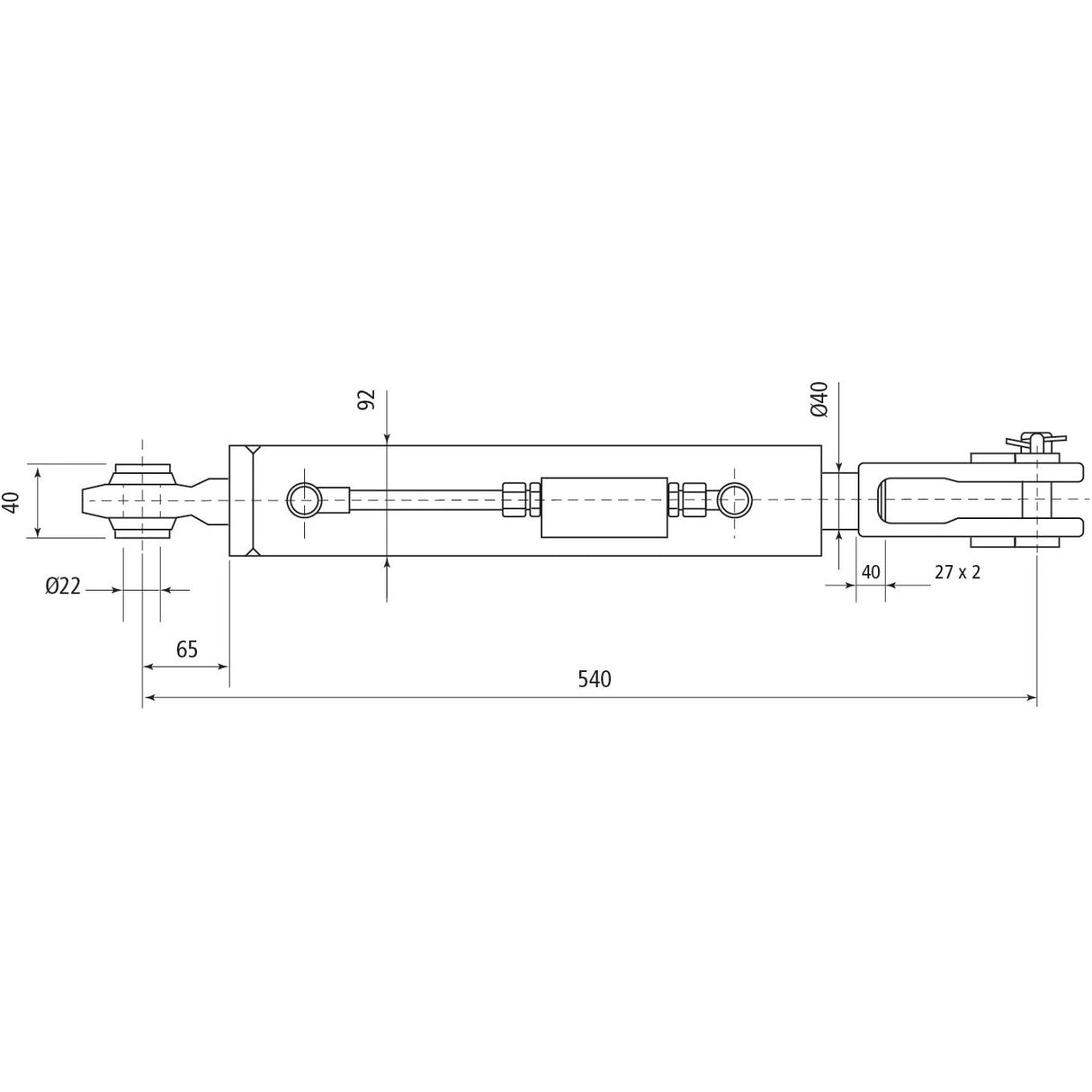 Technical drawing of a hydraulic levelling box for a Kubota M5091, annotated with detailed dimensions including lengths, widths, and additional measurements in millimeters. The overall minimum length is 540 mm. The component features a ball diameter of 22 mm, a fork hole measuring 23x50 mm, and an 80 mm cylinder bore. This Sparex product is identified by part number S.153732 and includes hoses.