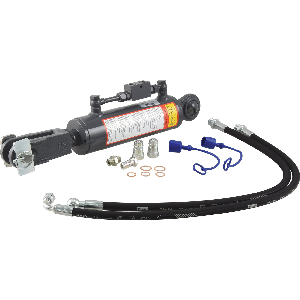 The Sparex Hydraulic Levelling Box (Part No. S.153732) designed for the Kubota M5091, featuring an 80mm cylinder bore, ball diameter of 22mm, and fork hole dimensions of 23x50mm with a minimum length of 540mm, is supplied with hoses and includes connectors and fittings; it is showcased against a white background.