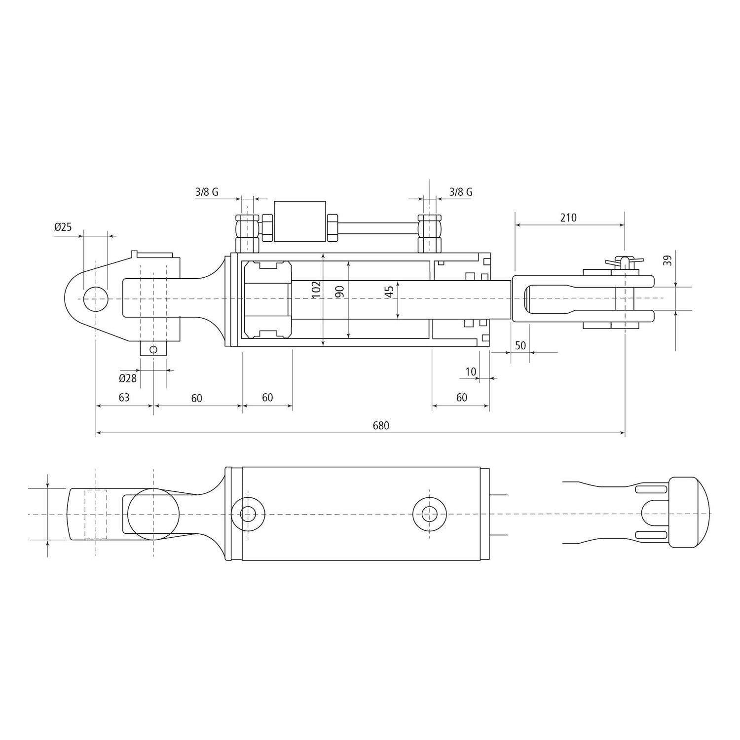Technical drawing of the Sparex Hydraulic Levelling Box, featuring detailed measurements in millimeters. The diagram includes both top and side views and displays various geometric shapes and lines. Specifications shown include hose fittings, a knuckle diameter of 25.5mm, fork hole dimensions of 29x60mm, a minimum length of 680mm, and a cylinder bore of 90mm (Sparex Part No.S.153738).