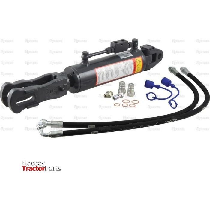 Hydraulic Levelling Box with hoses labeled Massey Ferguson Tractor Parts by Sparex, featuring a knuckle diameter of 25.5mm, fork hole dimensions of 29x60mm, minimum length of 680mm, and cylinder bore of 90mm (Sparex Part No.S.153738), displayed on a white background.