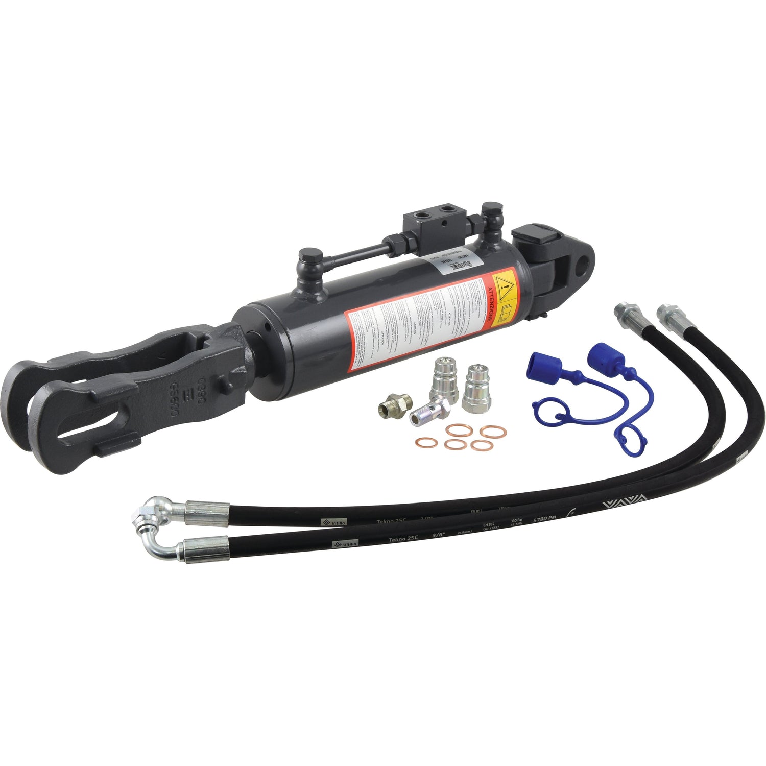 A Sparex Hydraulic Levelling Box (Part No. S.153738), equipped with two hoses, assorted fittings, O-rings, and blue dust covers on a white background, includes a Sparex check valve for enhanced performance.