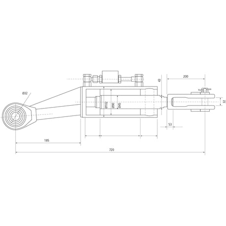Technical drawing of the Sparex Hydraulic Levelling Box, part number S.153734, with measurements annotated. The drawing details the dimensions and structure in millimeters, including a cylinder bore of 90 mm, a ball diameter of Ø 32mm, fork hole dimensions of Ø 26x61mm, and a minimum length of 720mm. Hoses are supplied.