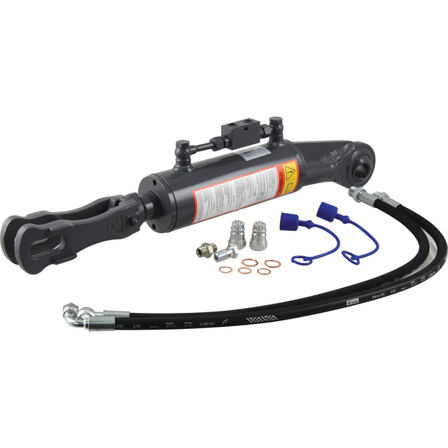 The Sparex Hydraulic Levelling Box, specifically designed for the Kubota M7131, features a cylinder bore of 90 mm and comes with attached hoses. It includes a ball diameter of 32 mm, fork hole dimensions of 26x61 mm, and has a minimum length of 720 mm. This kit is equipped with various connectors such as quick couplings and sealing washers (Sparex Part No. S.153734).