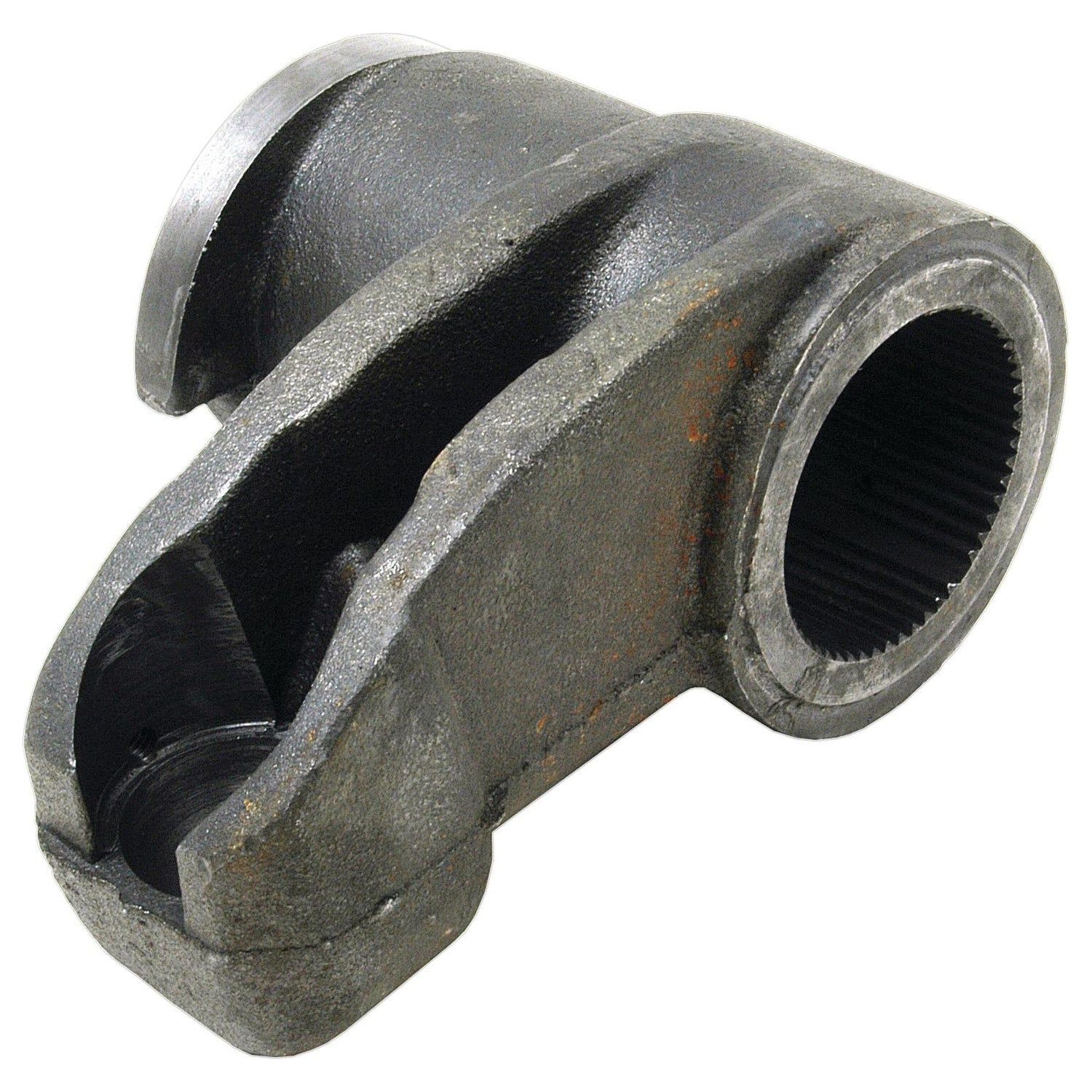 Close-up of a metal yoke, identified as the Hydraulic Lift Arm (Sparex Part No. S.41447), used as a component in mechanical systems such as Landini vehicles or industrial machines. The yoke has a cylindrical opening and a rugged, textured surface.