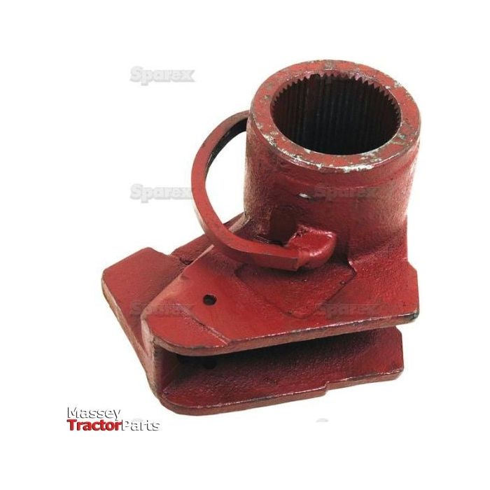 The Hydraulic Lift Arm, marketed as "Sparex Part No. S.66200," is showcased against a white background. This red metal component features a cylindrical opening and an attached loop, with "Massey Tractor Parts" labeled in the lower left corner. It is compatible with brands like Case IH, Ford/New Holland, and Sparex for versatile use.