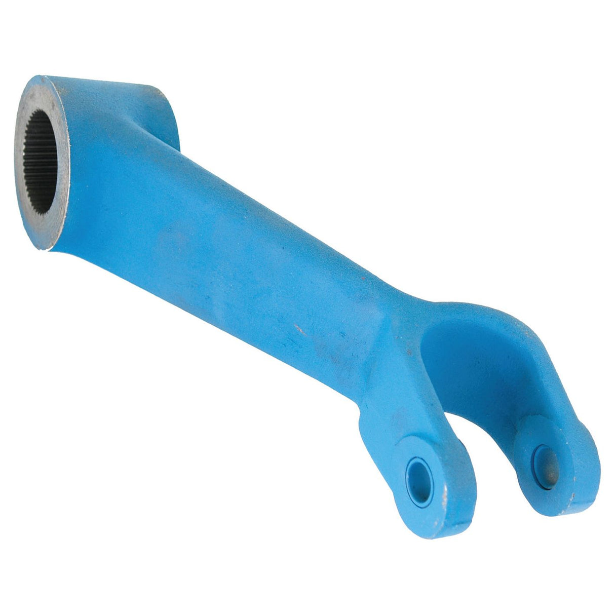 A blue metal lever with a cylindrical base on one end and a forked opening on the other, compatible with New Holland equipment, is available as the Hydraulic Lift Arm (Sparex Part No. S.66207) by Sparex.