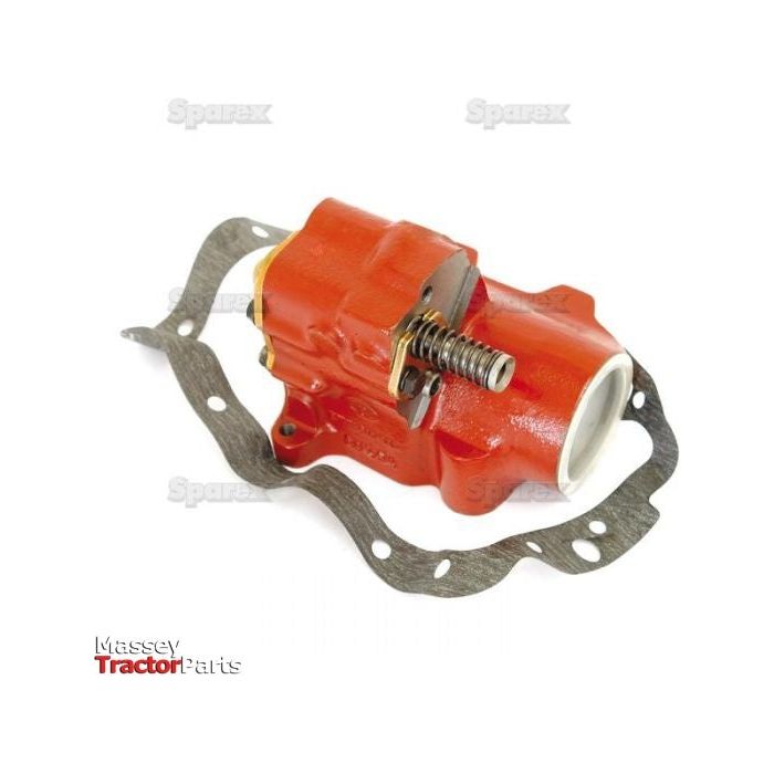 A metal tractor engine part, painted red, with a silver spring and attached gasket on a white background. It features components from Ford New Holland's hydraulic lift cylinder system and is labeled as Hydraulic Lift Cylinder | Sparex Part No.S.60580, by the brand Sparex.