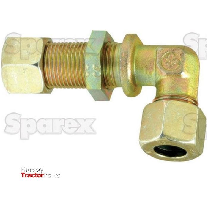This durable hydraulic metal pipe angled bulkhead coupling, the G.S.V. 18L 90 with a lock nut (Sparex Part No. S.34215), features brass right-angle connections, threaded sections, and two hexagonal nuts, with the Sparex logo visible in the background to ensure reliable connections for various applications.