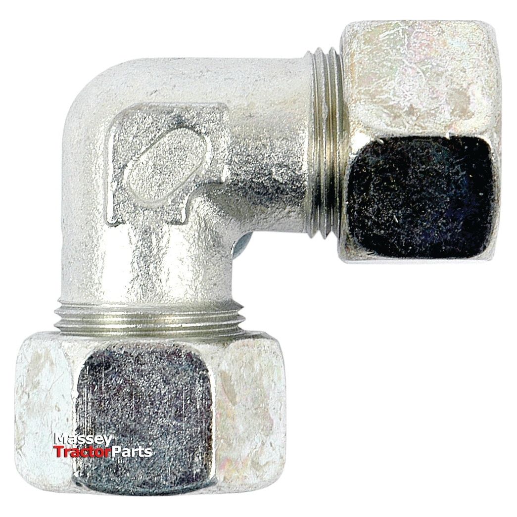 A hydraulic metal pipe angled coupling with threaded connections, hexagonal ends, and a 90° bend, commonly used in plumbing or machinery. The words "Massey Tractor Parts" are visible on the lower end. It is the Sparex Part No.S.34071 from the brand Sparex, known as the Hydraulic Metal Pipe Angled Coupling W.V. 8L 90compact.
