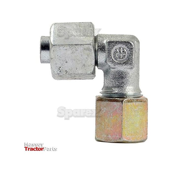 Close-up of a metallic right-angle hydraulic compression fitting on a white background, used in machinery. The words "Massey Tractor Parts" and "Sparex" are faintly visible. Ideal for Pipe O/D 10mm applications, this is the Hydraulic Metal Pipe Angled Stud Coupling E.W.V. 10L 90 compact standpipe | Sparex Part No.S.34172.