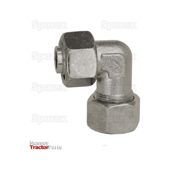 A high-quality hydraulic metal pipe angled stud coupling with a 90° compact standpipe. The image shows the fitting with male and female threading, against a background featuring the text "Sparex" and "Massey Tractor Parts." This piece, identified as Sparex Part No. S.34178, is rated for up to 630 bar pressure and has an M20 x 1.5 thread size.