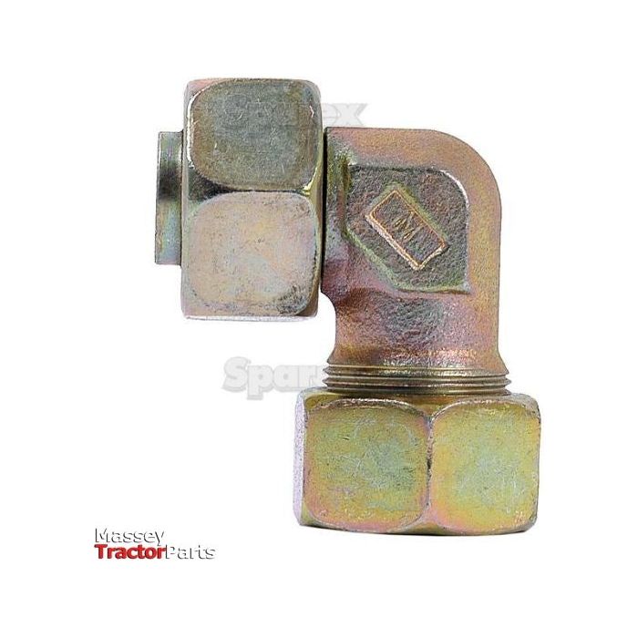 A slightly tarnished Sparex Hydraulic Metal Pipe Angled Stud Coupling E.W.V. 18L 90 compact standpipe (Sparex Part No. S.34175) with hexagonal nuts on both ends, displayed on a white background, featuring the "Massey Tractor Parts" logo in the bottom left corner.