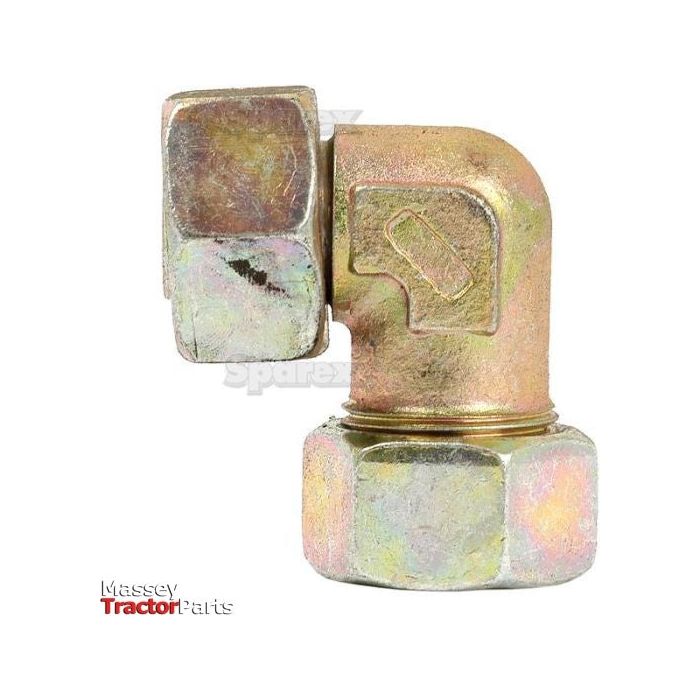 Image of a brass Hydraulic Metal Pipe Angled Stud Coupling E.W.V. 22L 90 compact standpipe (Sparex Part No. S.34176) with threaded ends. The fitting, part of the Sparex brand Massey Tractor Parts collection, is displayed against a white background.