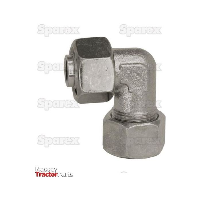 A metal elbow hydraulic fitting with hexagonal ends, branded with "Sparex" and featuring the "Massey Tractor Parts" logos in the background. This Hydraulic Metal Pipe Angled Stud Coupling E.W.V. 6L 90 compact standpipe (Sparex Part No. S.34170) is a precision component compatible with Parker Hannifin systems.