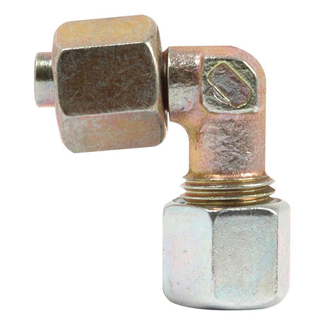 The Hydraulic Metal Pipe Angled Stud Coupling E.W.V. 8L 90 compact standpipe by Sparex, part number S.34171, is a metallic elbow fitting with hexagonal nuts on both ends designed for connecting pipes or tubes at a right angle and features an 8mm compression fitting for a secure connection.