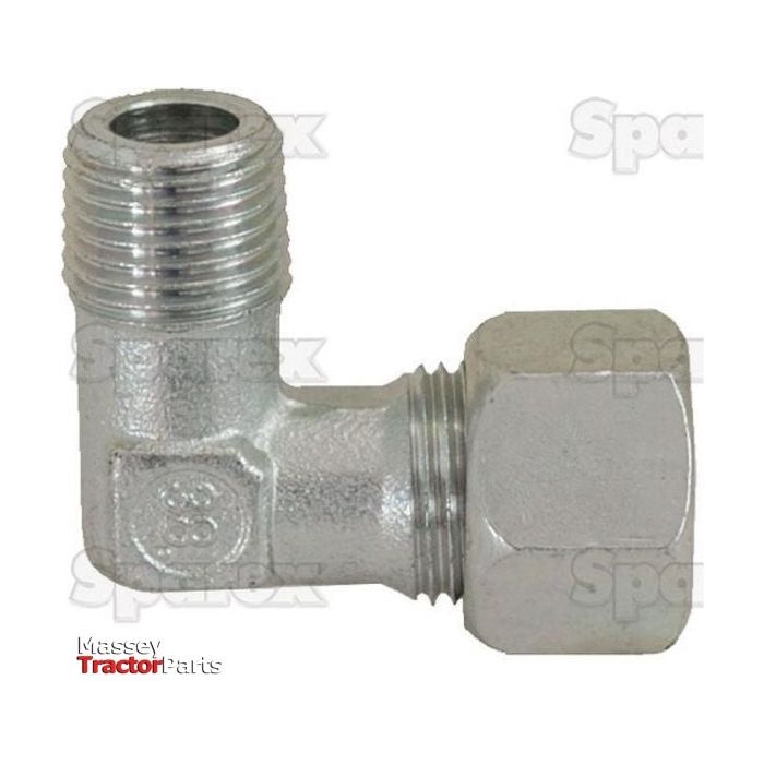 Close-up view of a Hydraulic Metal Pipe Angled Stud Coupling G.E.V. 10SL - M16 x 1.5 90 compact with threaded ends. The background displays the word "Sparex" repeatedly in light gray text. The bottom left corner features "Massey Tractor Parts" in red and black.