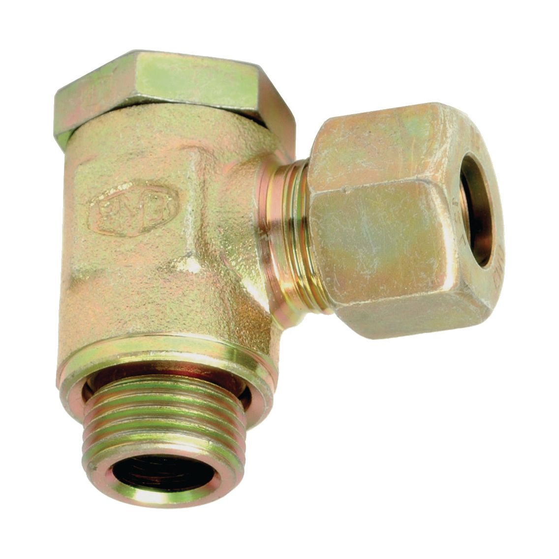 The Sparex Hydraulic Metal Pipe Banjo Coupling S.W.V. 12L with bolt (Part No.S.34267) is a brass right-angle compression fitting, featuring threading on both ends, ideal for connecting pipes or tubes in plumbing or industrial hydraulic metal pipe systems.