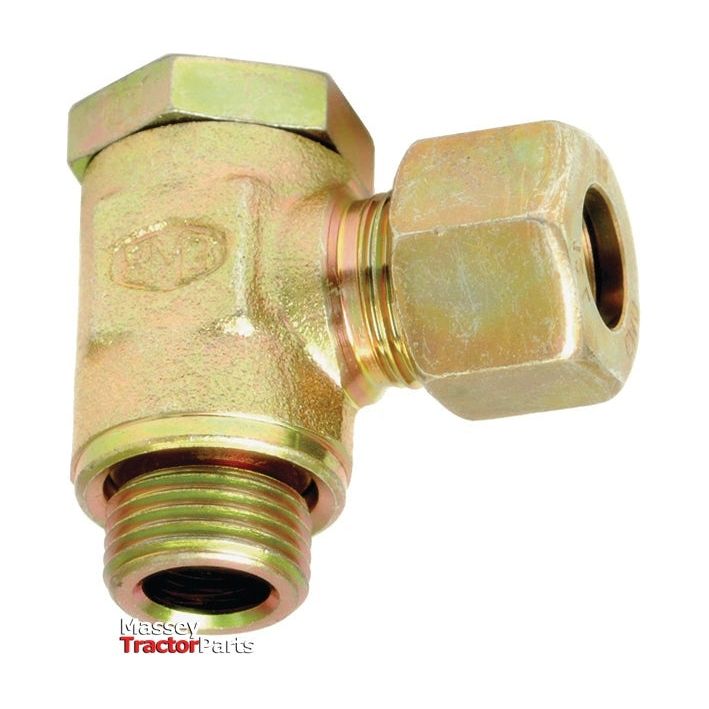 The Hydraulic Metal Pipe Banjo Coupling S.W.V. 15L with bolt (Sparex Part No.S.34254) is made of brass and features male and female threaded ends, specifically designed for tractor parts. Displayed against a white background, the "Massey Tractor Parts" logo can be seen in the lower left corner. This coupling from Sparex ensures reliable performance for your machinery needs.