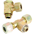 The product includes two brass compression fittings intended for high-pressure applications up to 250 bar: one T-shaped fitting featuring two female threads and one male thread M12 x 1.5, and a straight fitting with a female thread on each end. These fittings are part of the Sparex lineup, specifically under the Hydraulic Metal Pipe Banjo Coupling S.W.V. 6L - 1/8''BSP with bolt, identified by Sparex Part No.S.34260.