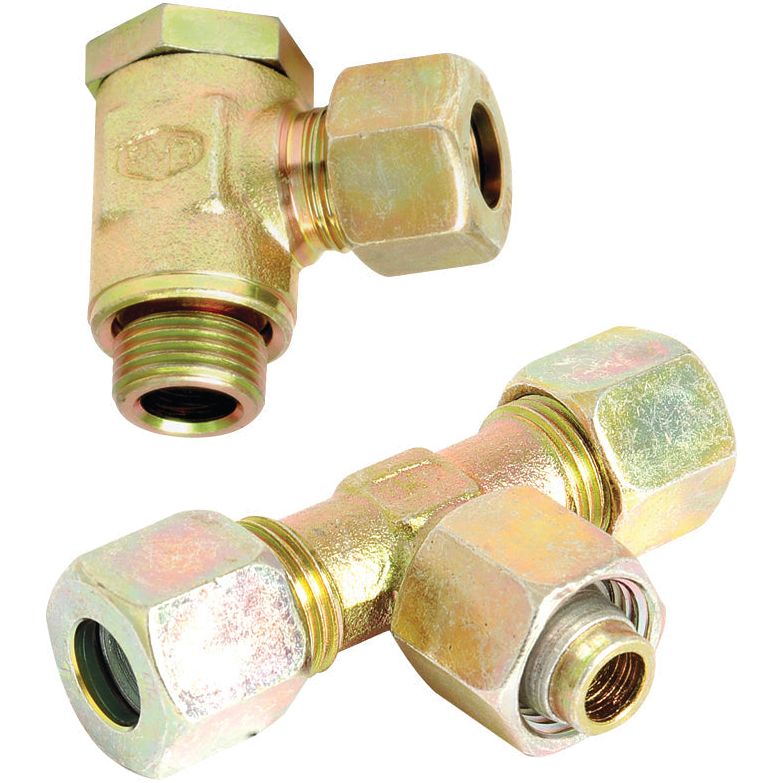 Displayed on a white background are two Sparex Hydraulic Metal Pipe Banjo Couplings with hexagonal nut ends and M12 x 1.5 threaded male connectors, specifically the S.W.V. 6L - 1/8''BSP model (Sparex Part No.S.34260).