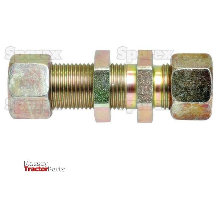 A threaded bolt assembly with a nut and washer. The background features the brand name "Sparex," highlighting compatibility with various tractor parts, including the Hydraulic Metal Pipe Bulkhead Coupling G.S.V. 15L with lock nut, Sparex Part No. S.34204.