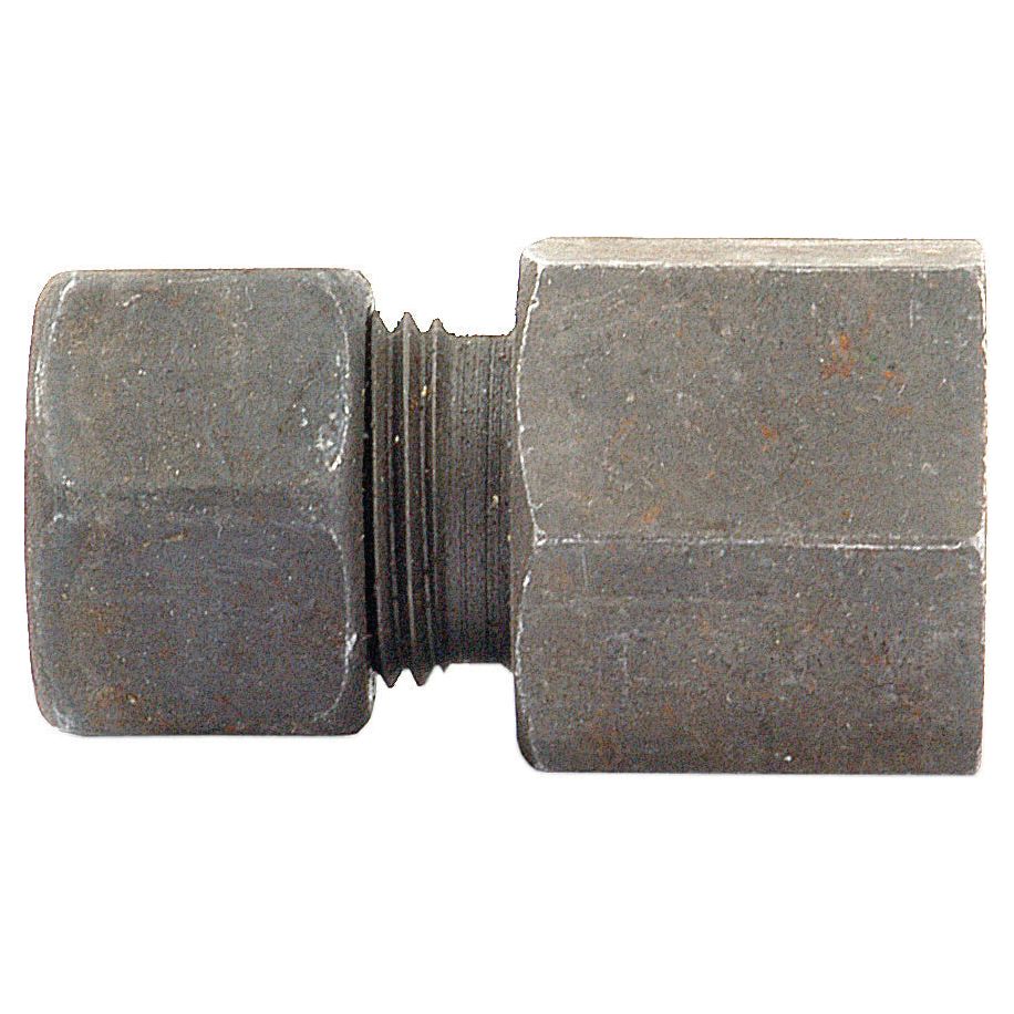 A close-up image of a metal hex nut and bolt coupler with visible threading in the middle, similar to Sparex's renowned Hydraulic Metal Pipe Female Stud Coupling G.A.V. 12L - 3/8''BSP (Sparex Part No.S.34153).